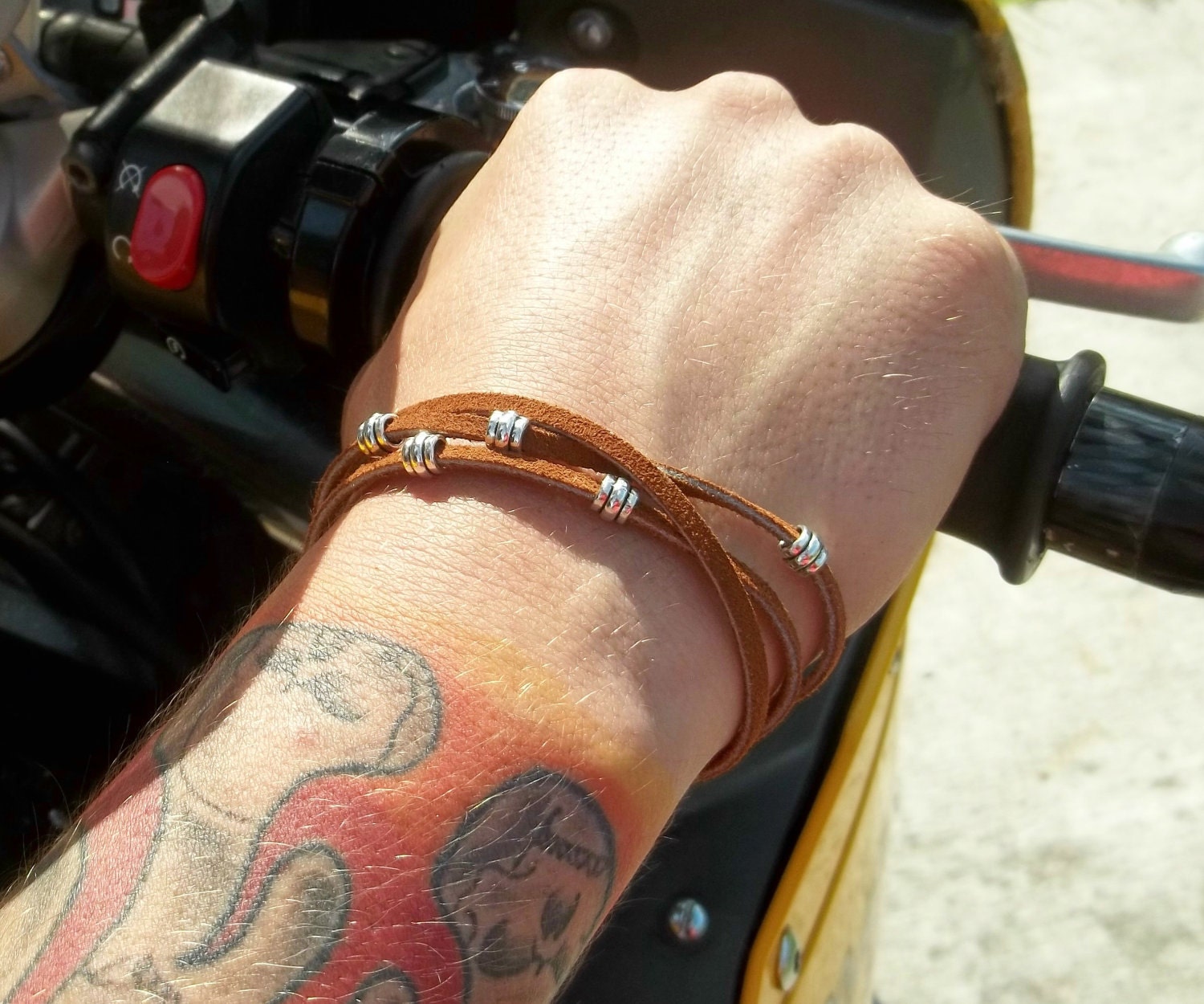 Pewter Studded Brown Leather Wrap Bracelet for Men Women Boys Girls Teens - Free Shipping