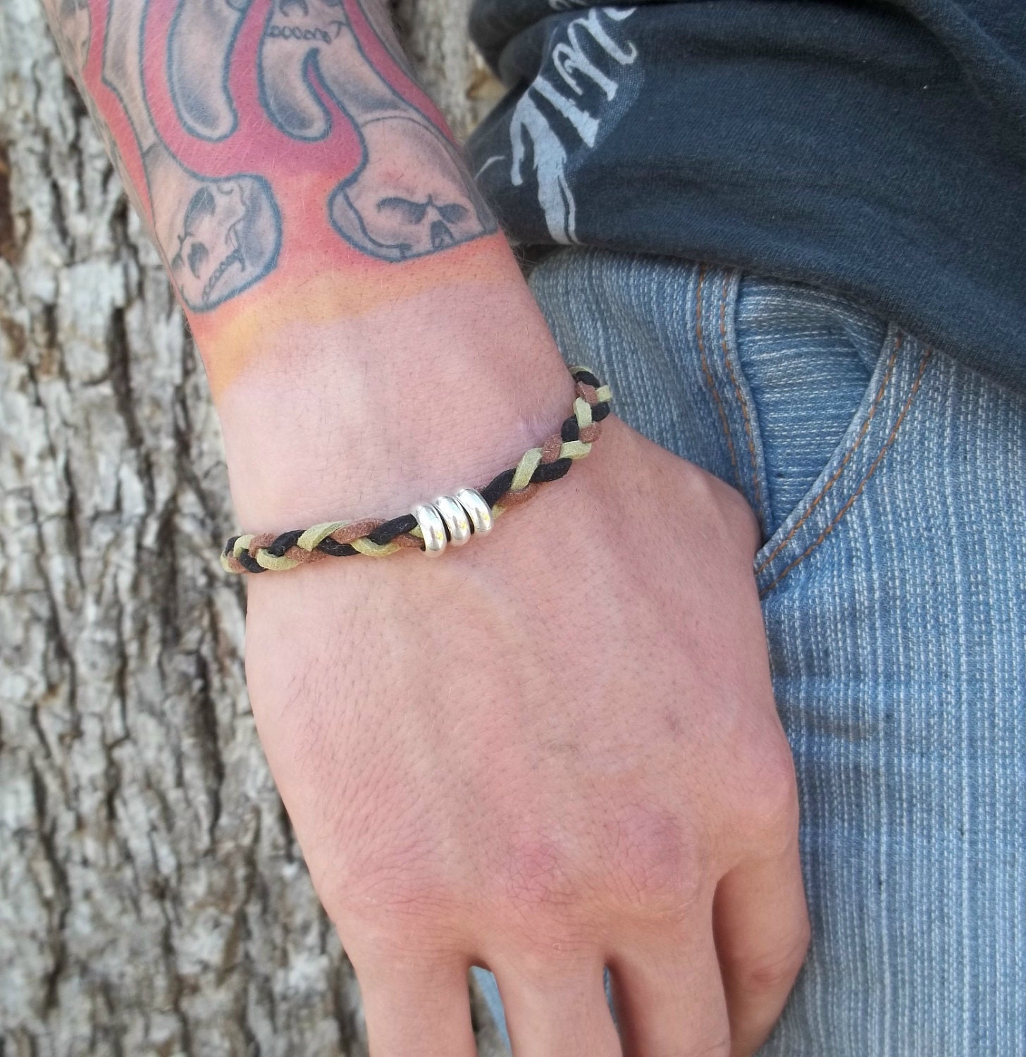 Trinity Tri-Color Leather Camo Mens Bracelet - Black, Brown, and Green - Free Shipping