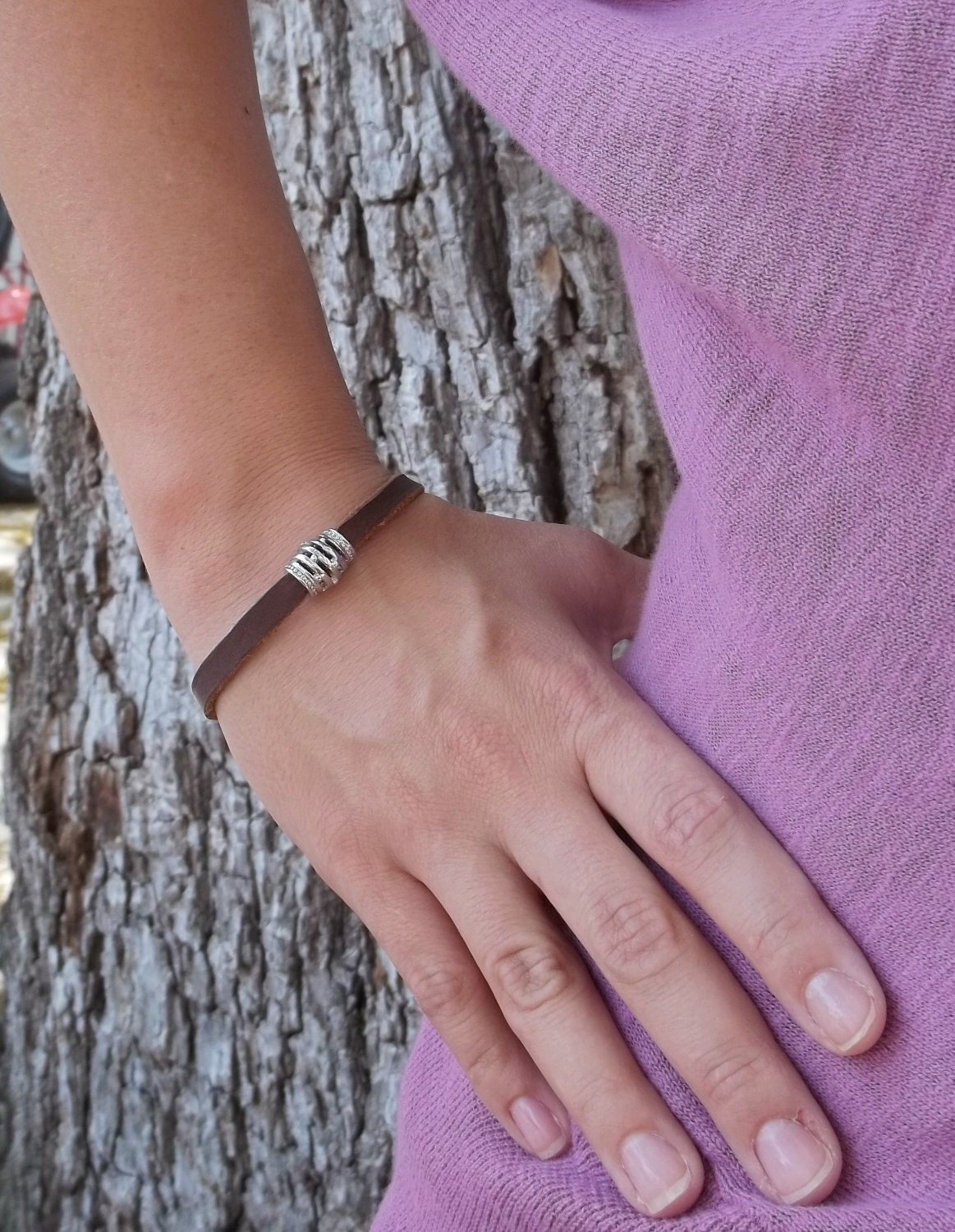 Womens Brown Leather and Silver Hollow Spiral Bead Toggle Bracelet - Free Shipping