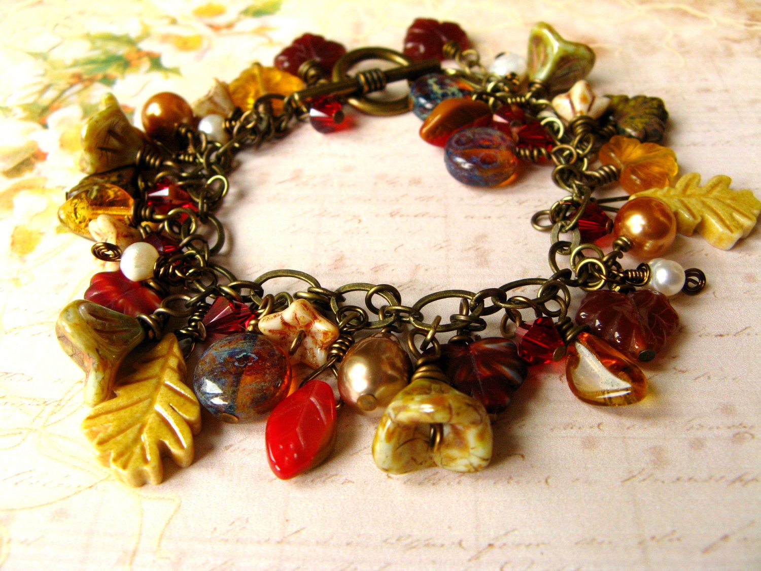 Rich Fall Leaf Charm Bracelet - Leaves, Red, Rust, Brown, Yellow, Pearl - RachelRode