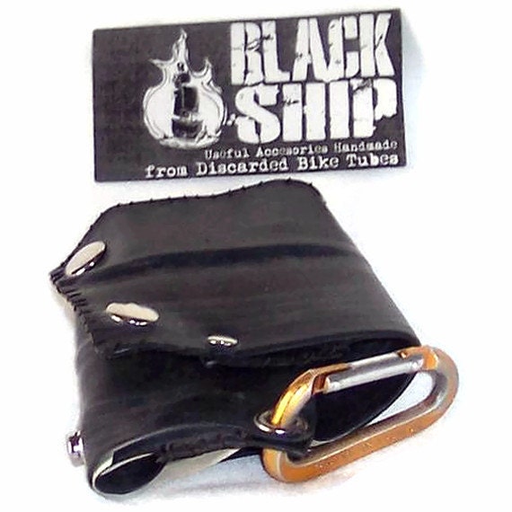 Black Vegan Biker Wallet: Bike Tube Faux Leather Tri Fold Snap Chain Wallet