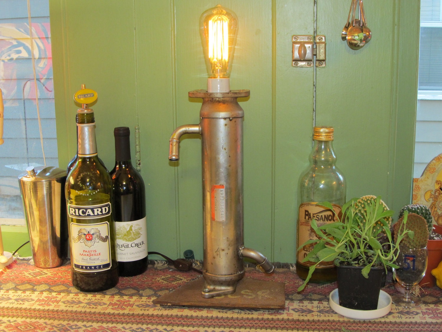 Found Metal Artifact Lamp With Vintage Style Bulb on a Metal Base