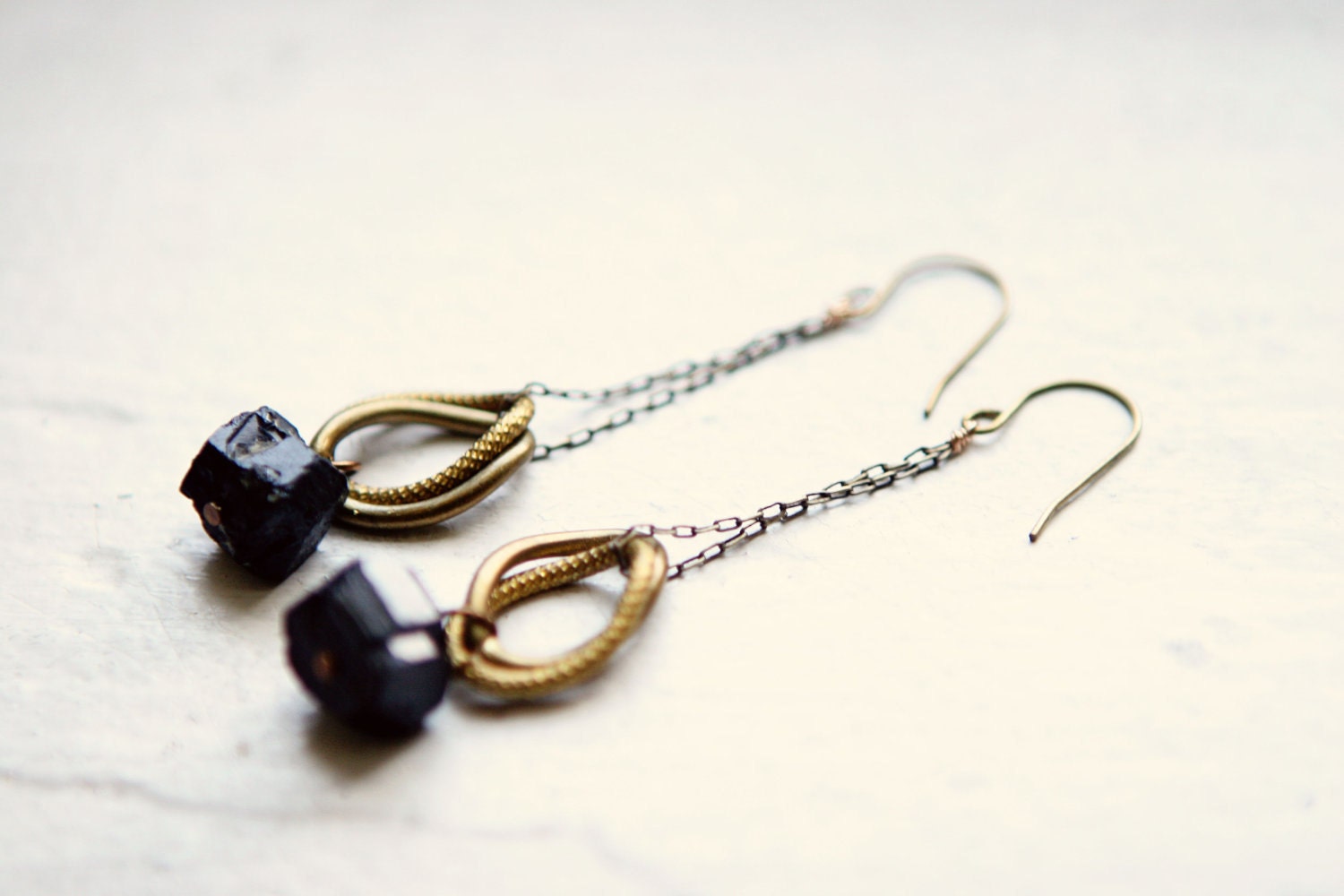 Black Tourmaline and Vintage Link Earrings