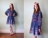 vintage 1960's navy blue & red floral polka dot dress with sailor collar / size s - m