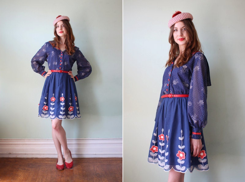 vintage 1960's navy blue & red floral polka dot dress with sailor collar / size s - m