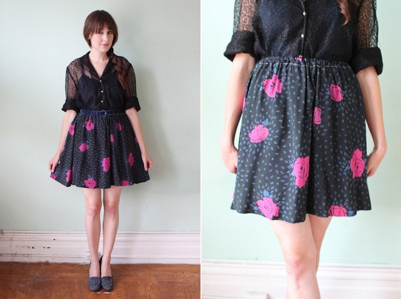 SALE / vintage 1940's black silk floral skirt / size s, m, l