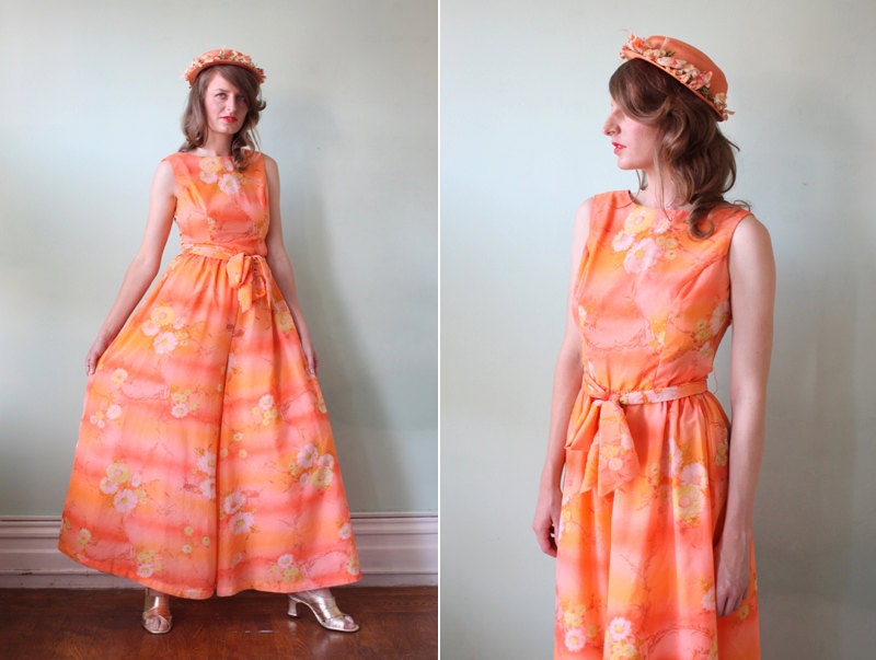 vintage 1970's peachy orange floral wide leg jumpsuit dress / size xs - s