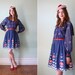 vintage 1960's navy blue & red floral polka dot dress with sailor collar / size s - m