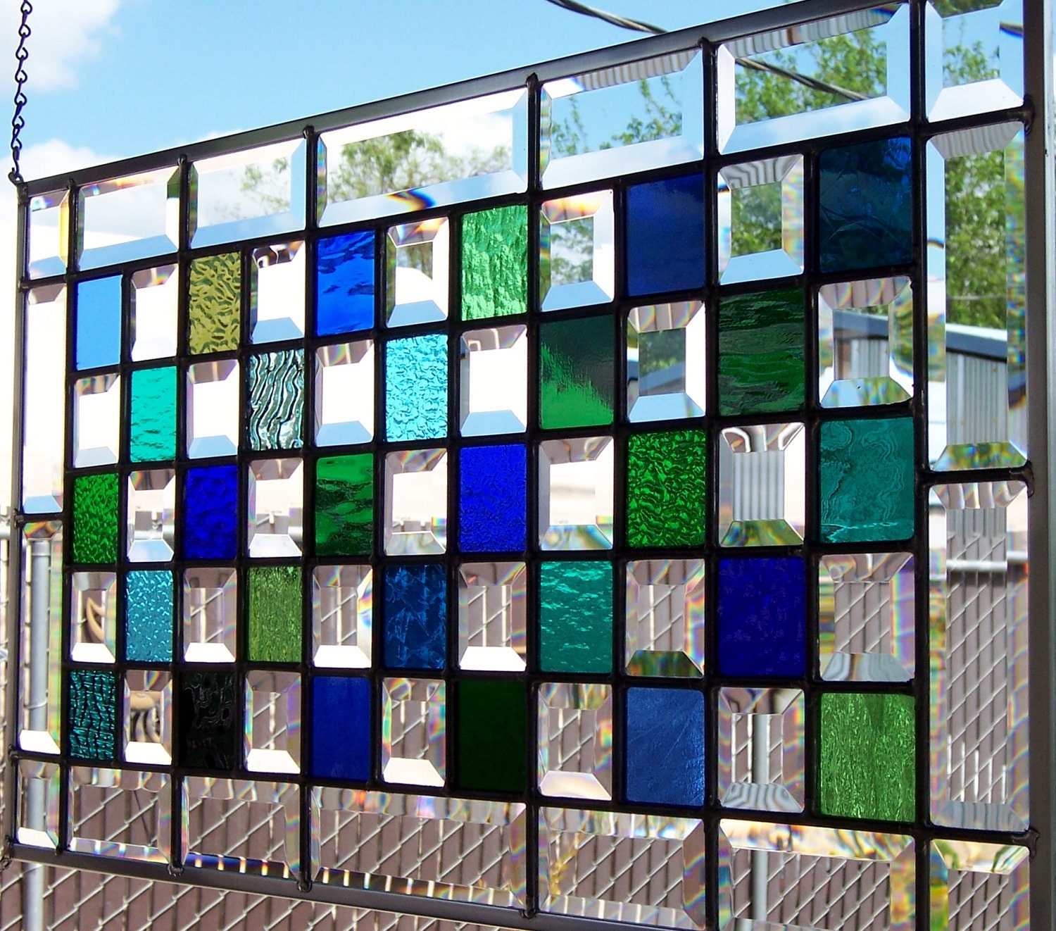 Blues, Greens and Bevels Large Stained Glass Window