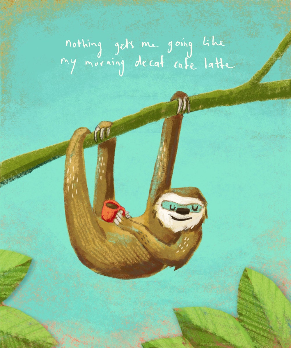 Sloth drinking coffee pencil-sketch digitally coloured - Art Print
