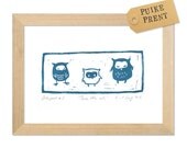 Three owls print - original linocut art print - nursery gift - handcarved and handprinted