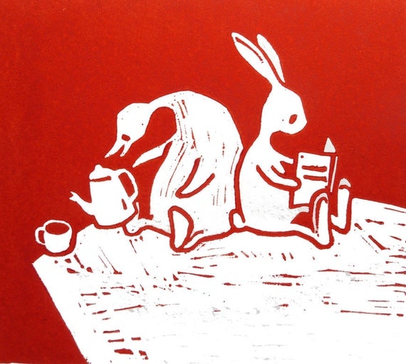 Duck and rabbit go for a picknick - original linocut art print - nursery gift - handcarved and handprinted