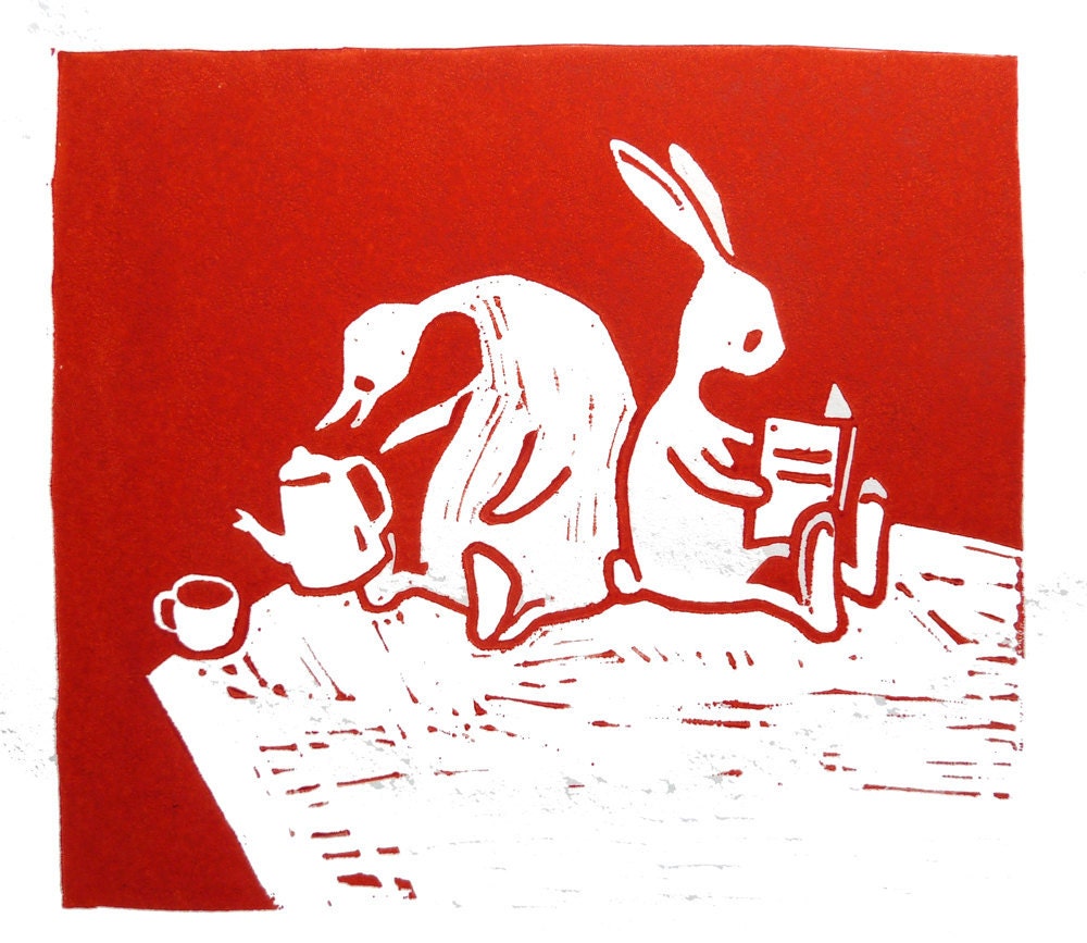 Duck and rabbit go for a picknick - original linocut art print - nursery gift - handcarved and handprinted