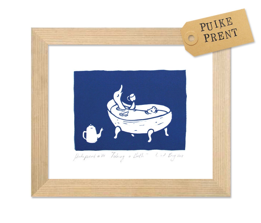 Duck taking a bath - original linocut art print - nursery gift