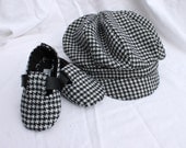 Black and White Houndstooth Checkered Cloth Newsboy Cap or Newsie Hat and Matching Baby Booties. Sporty, Golf, Infant, Shoe.