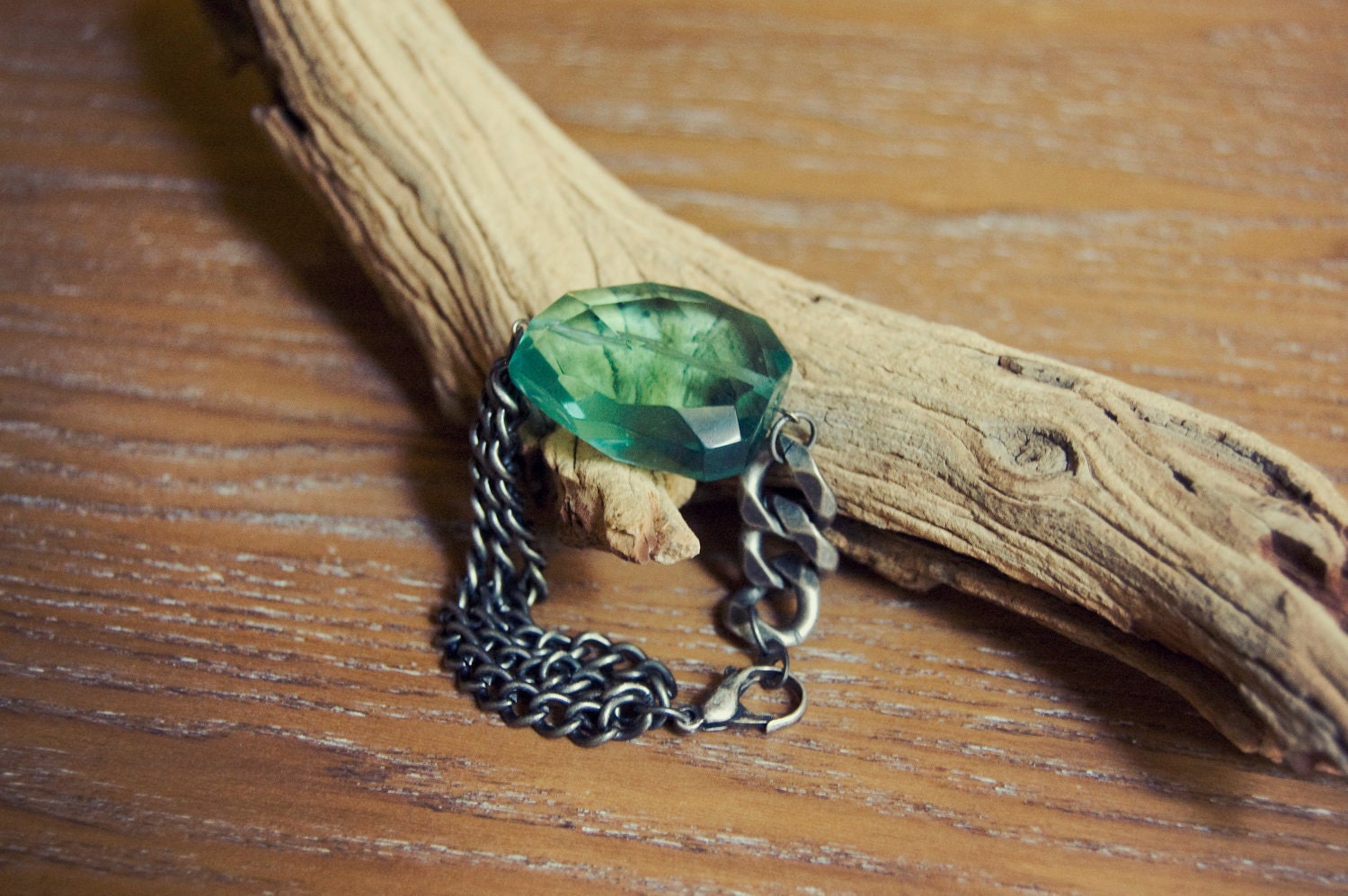 Oversized Gem Bracelet - translucent turquoise quartz on antiqued silver chains