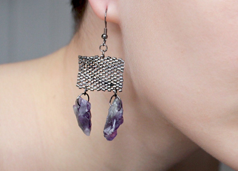 Amethyst earrings in purple and gun black
