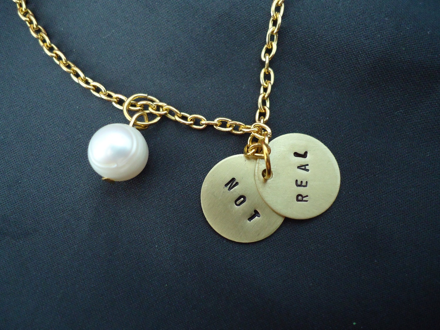 The Hunger Games Inspired  -  Real Or Not Real Peeta's Pearl Necklace In GOLD -  Hand Stamped