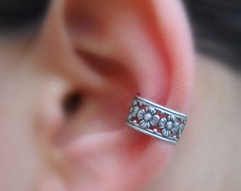 Sterling Silver Handcrafted  Flower Textured  Ear Cuff  Hoop Earring Cartilage/catchless/helix