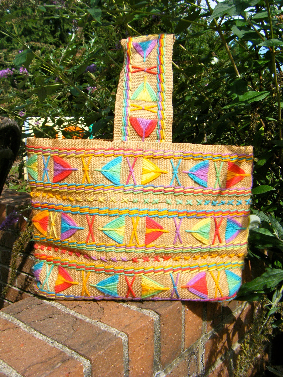 Vintage 1970s Raffia Embroidered Rainbow Woven Hippie Tote Bag