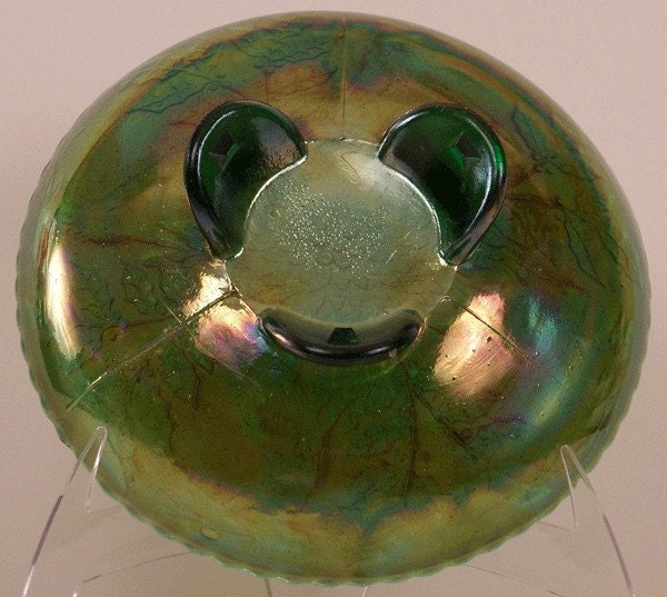 Fenton Green Carnival Glass Stag and Holly Bowl