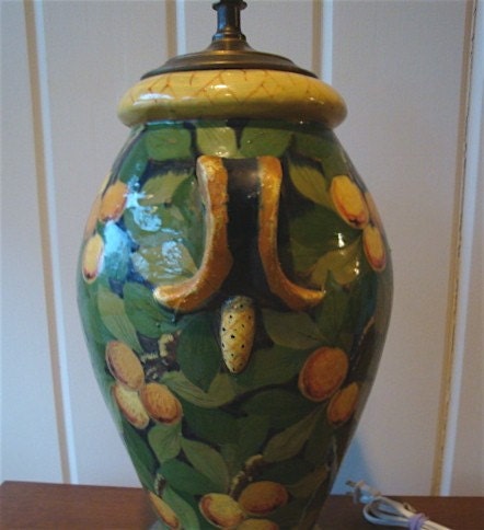 Ceramic Pottery Majolica Lamp, vintage Italian handpainted Lemons or Oranges
