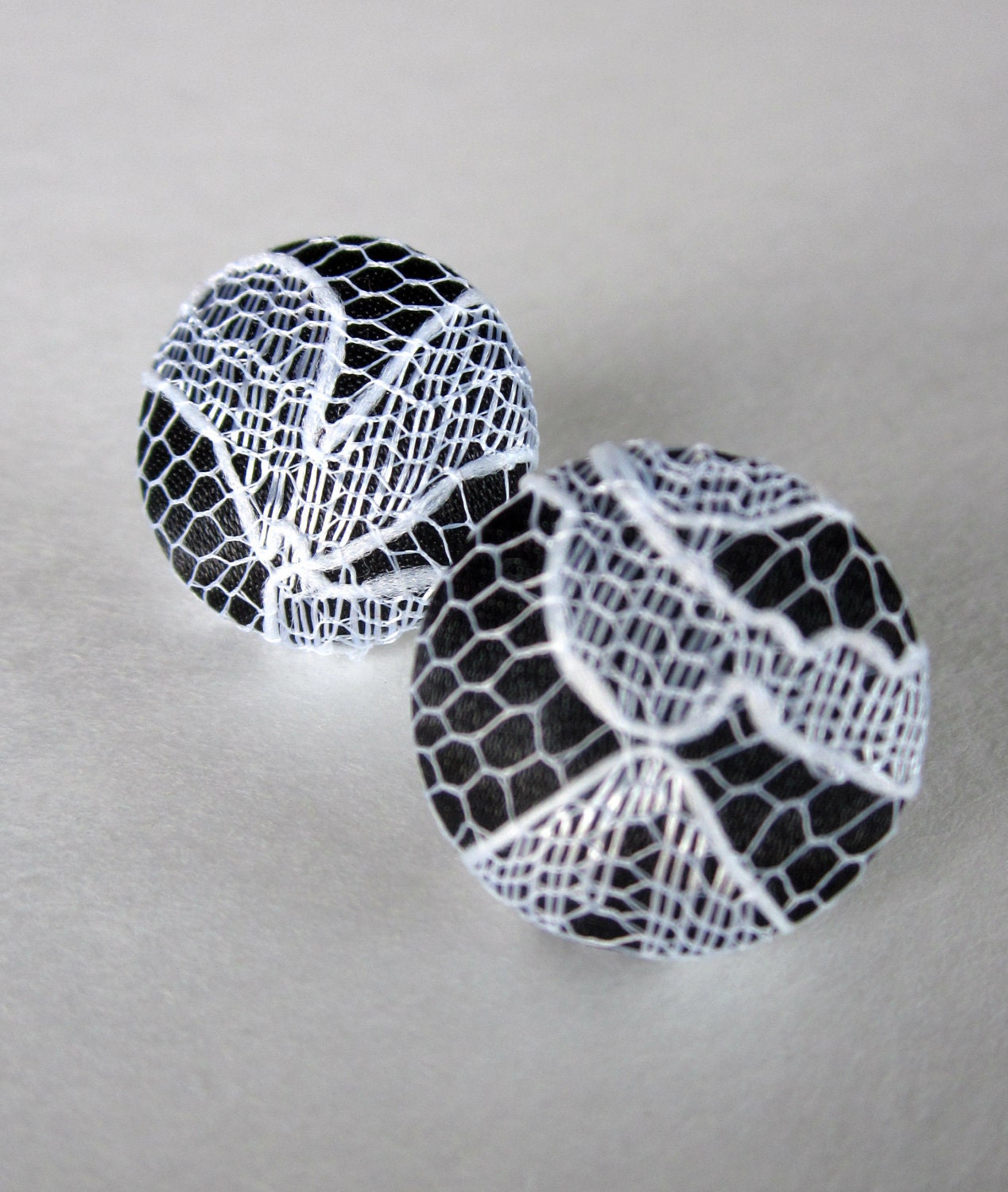 Black silk with white lace fabric covered button earrings