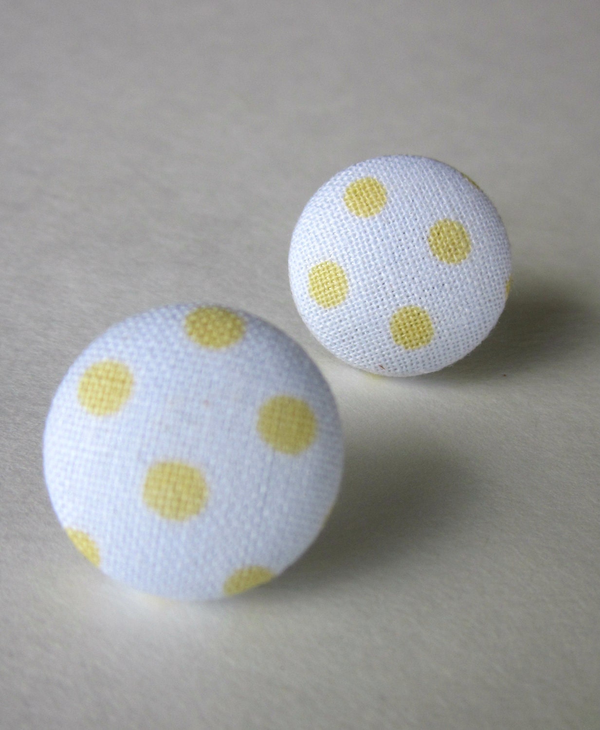 White with yellow polka dots fabric covered button earrings