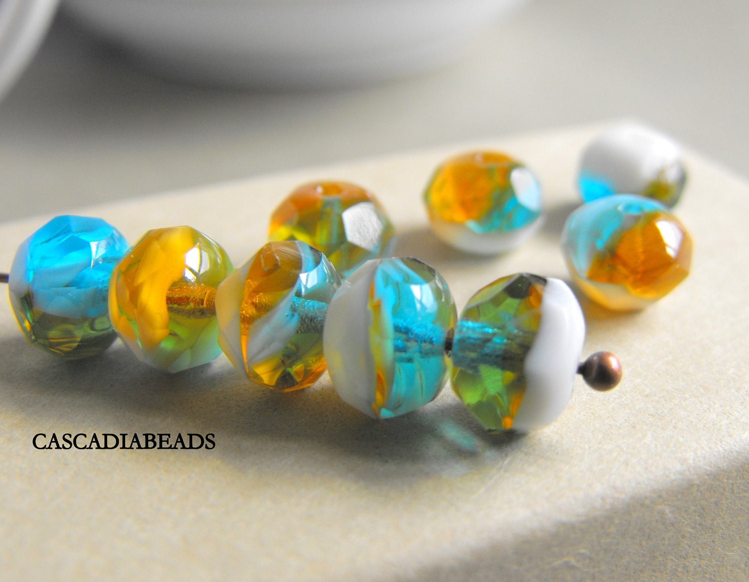 Czech Glass  Bead - Blue Yellow White - 10 - Faceted Rondells 6x8mm (cab-740)