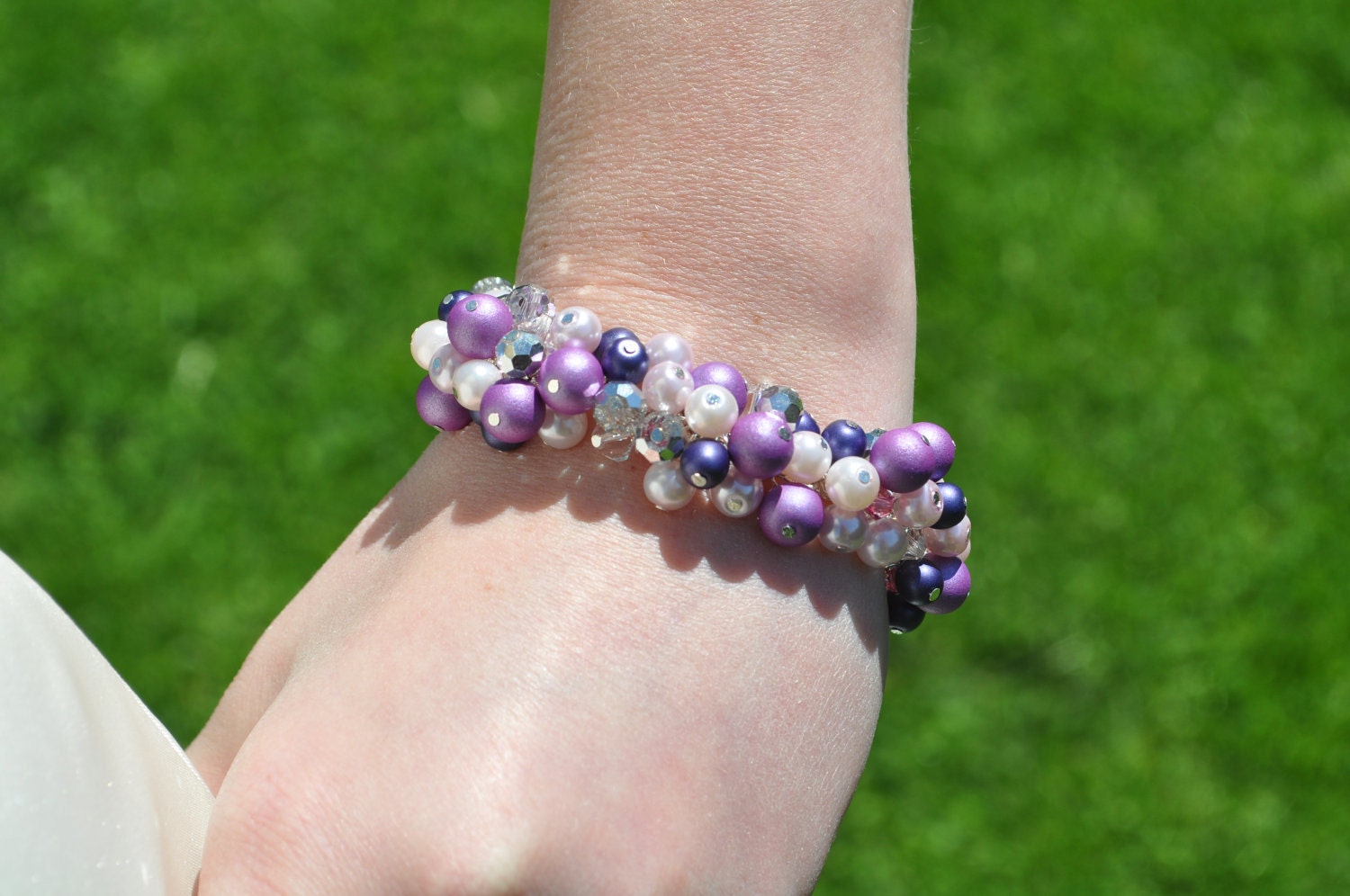 Purple Bracelet, Colored Pearl Bracelet, Bridemaid Accessory, Bridesmaid Gift, Chunky Bracelet, Pearl Cluster Jewelry