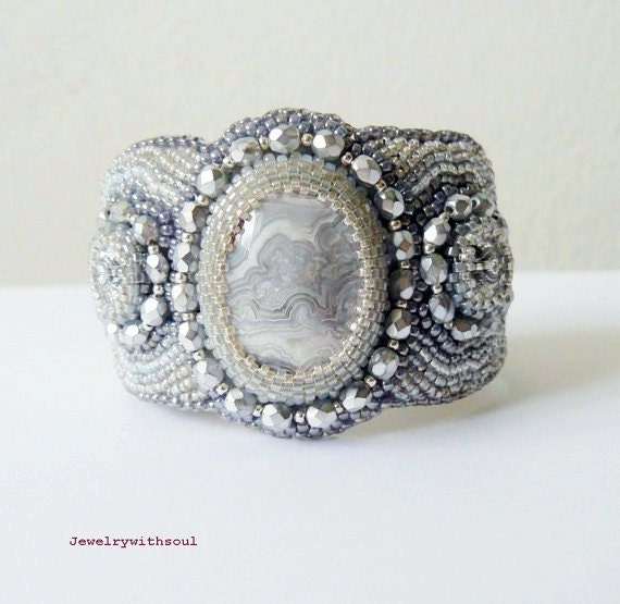Reserved for Ashley - Bead embroidery cuff bracelet with crazy lace agate, freshwater pearls, rivoli crystals and seed beads -Silver rain