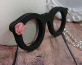 Black wooden glasses, tiny pink rose on silver chain