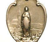 Antique Art Nouveau Sterling Silver Medal to our  LADY ROSARY of LOURDES on 18" sterling silver rolo chain