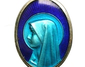 Antique Silver & Blue Medal Holy Mary NOTRE DAME of LOURDES on 18" sterling silver rolo chain