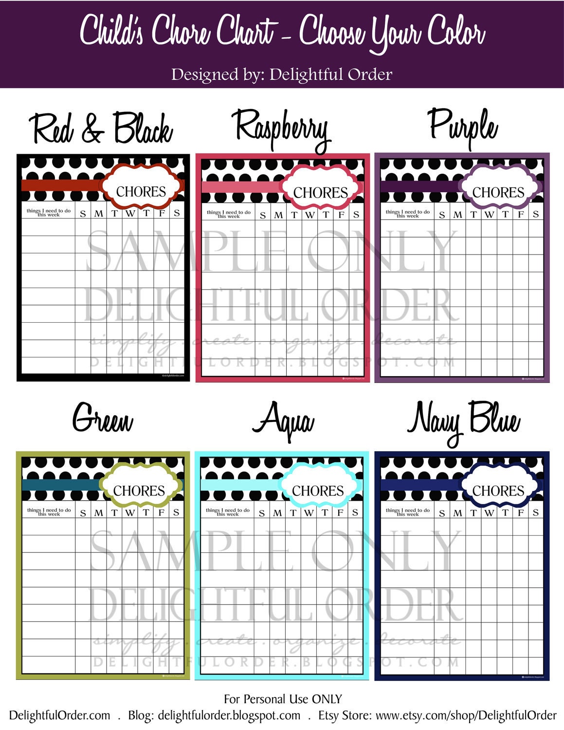 Child's Chore Chart - Choose Your Color - Printable PDF File
