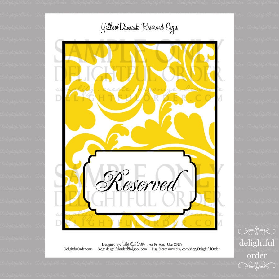 Yellow Damask Reserved Table Sign - (1) PDF Digital File