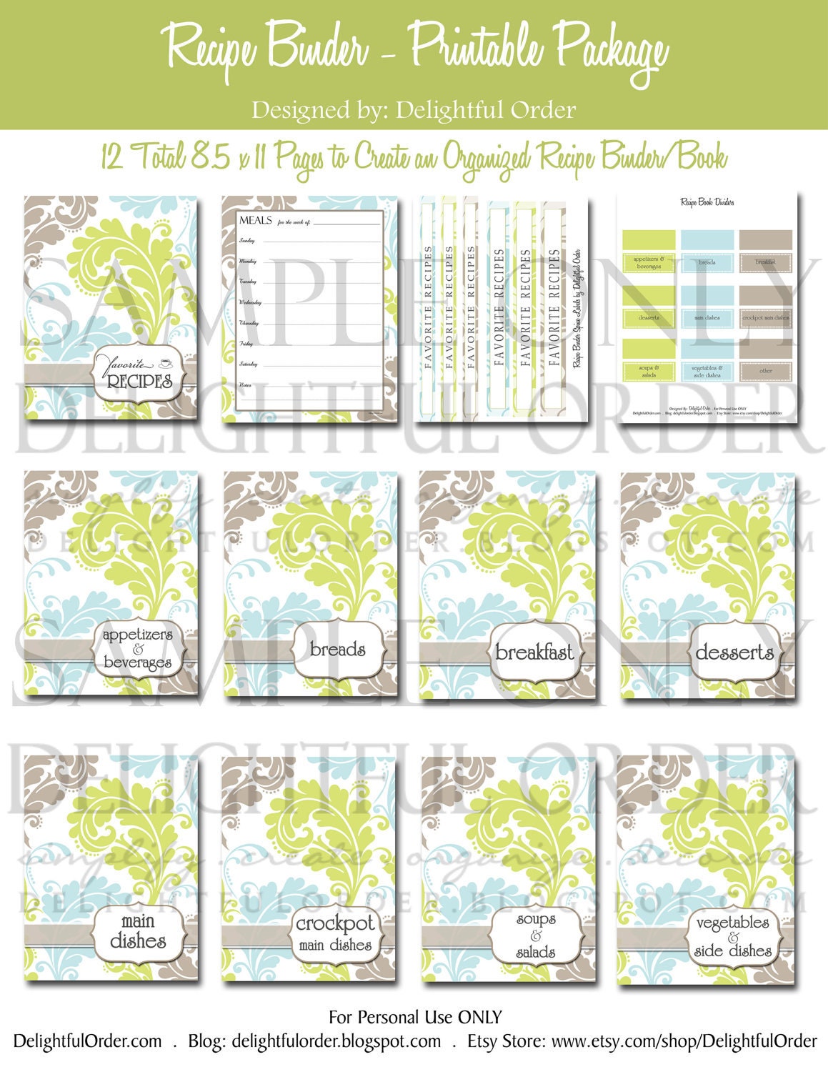 Recipe Binder Organizer- (12 pages) PDF Printable Files
