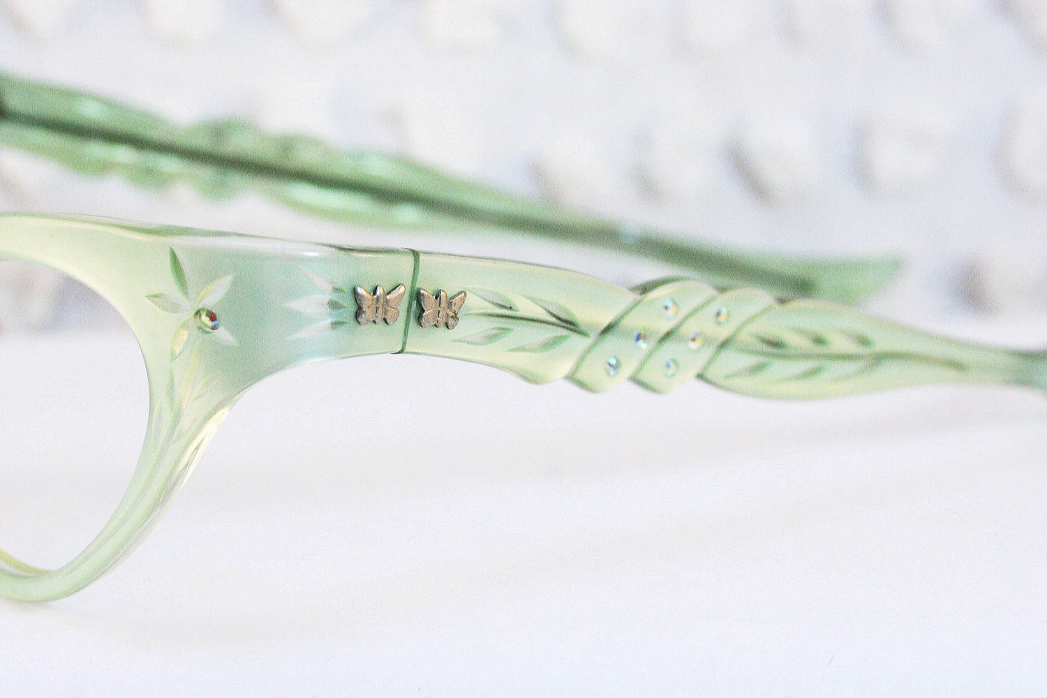 Vintage 1950s Cat Eye Glasses 50s Womens Eyeglasses Frames Mint Green Rhinestone Mermaid Carved 46/22 Optical Frame