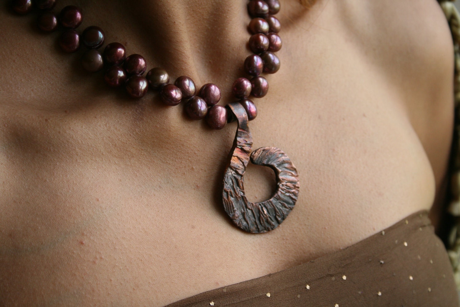 Cranberry Cadence Hand Forged Copper Swirl with Patina on Fresh Water Pearl Necklace and Coordinating Earrings