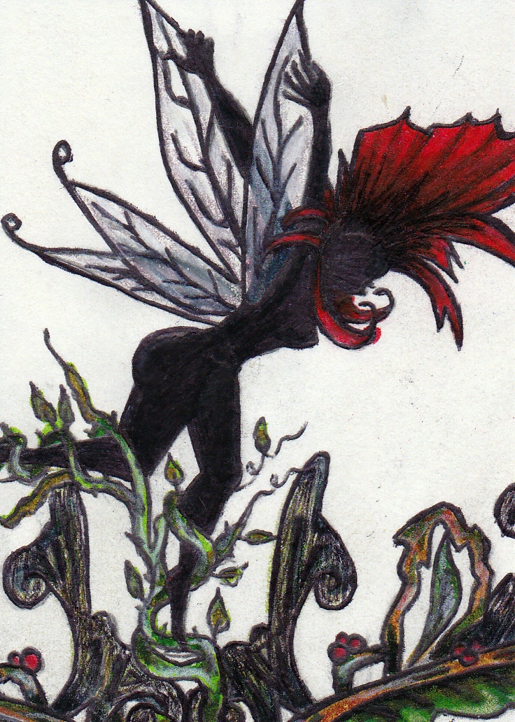 Fairy silhouette original aceo black white red with green vines