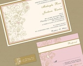 Romantic Gold and Pink Custom Wedding Invitation Suite with RSVP cards and address labels