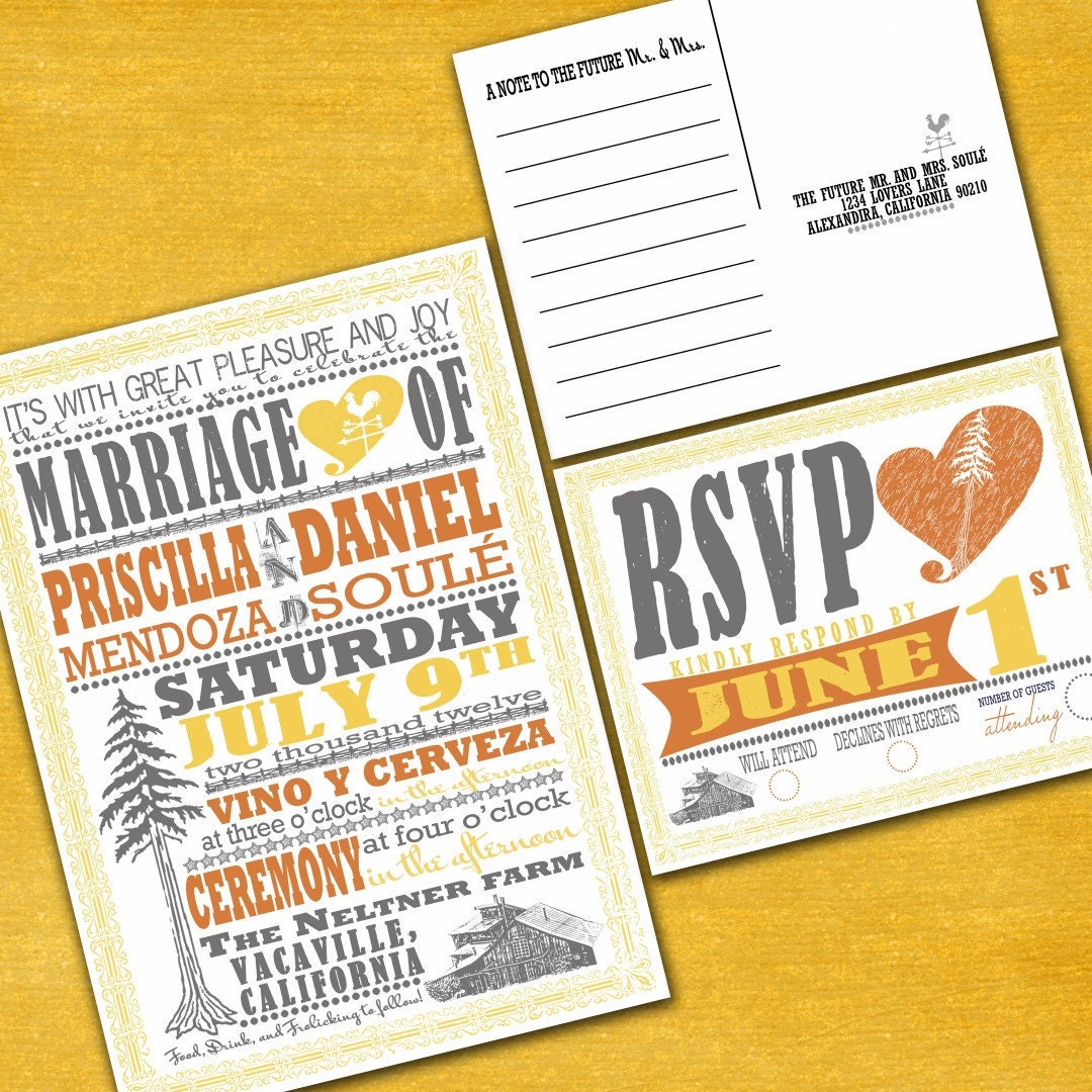 Vintage Redwood Poster Custom Wedding Invitation Suite with RSVP postcards - Digital Files - DIY Wedding