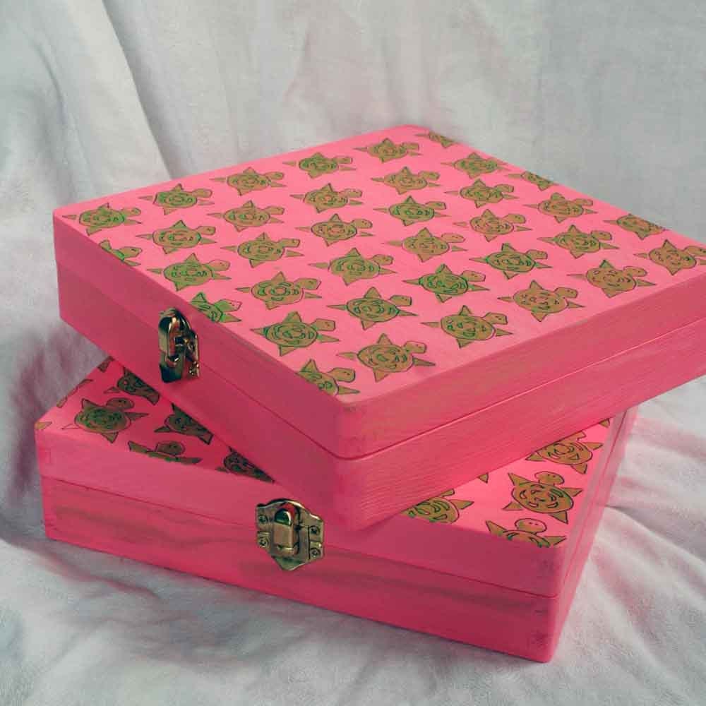 Handpainted Wooden Jewelry Box- Pink and Green Turtle Pattern
