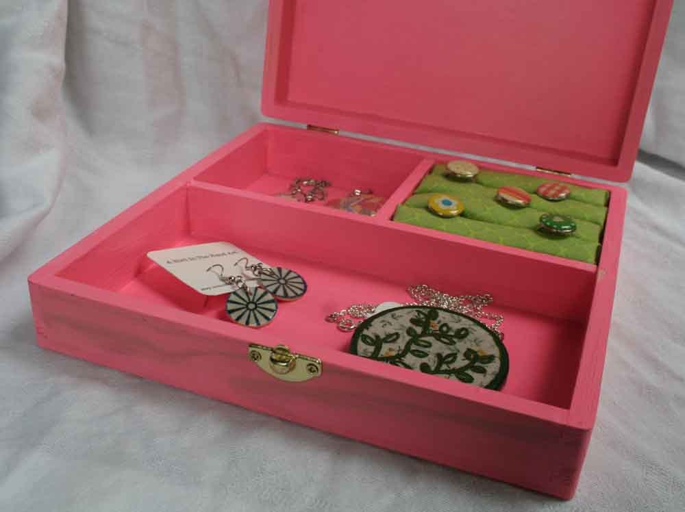 Handpainted Wooden Jewelry Box- Pink and Green Turtle Pattern