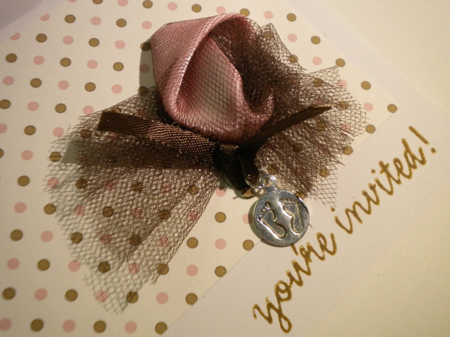 Baby Pink & Chocolate Brown polka dot Invitations with footprint charm
