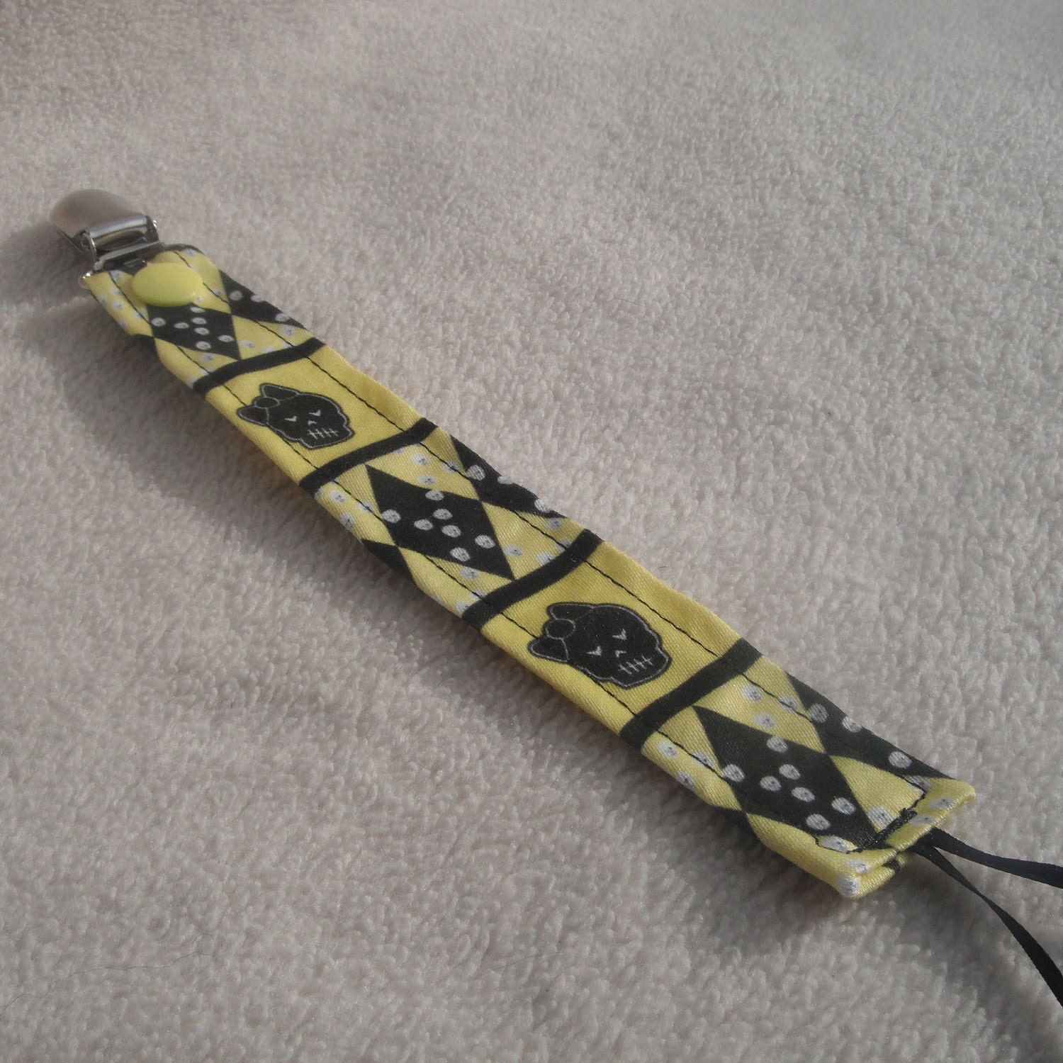 Fabric Pacifier Clip Yellow and Black Plaid with Black Girl Skull Print - Universal Soothie Nuk Mam Gumdrop Avent