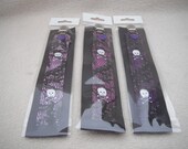 3 pc Twins Fabric Pacifier Clips - Lt Med Dark Purple and Black Gothic Lace White Skull Crossbone Print - Universal Soothie Nuk Mam Gumdrop