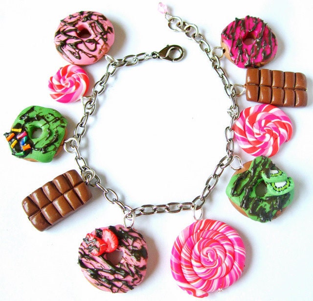 Charm Bracelet Polymer Clay Doughnut, Lollipop, Chocolate, Kiwi and Strawberry, Fun Jewelry