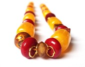 Vintage Style Necklace Gold Necklace Yellow, Red and Brown Beaded Necklace