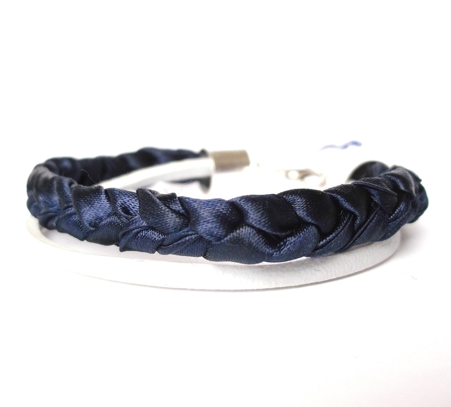 Braided Fabric Bracelet Navy Grey with Polymer Clay White Rose, Silver, Czech Glass Beads